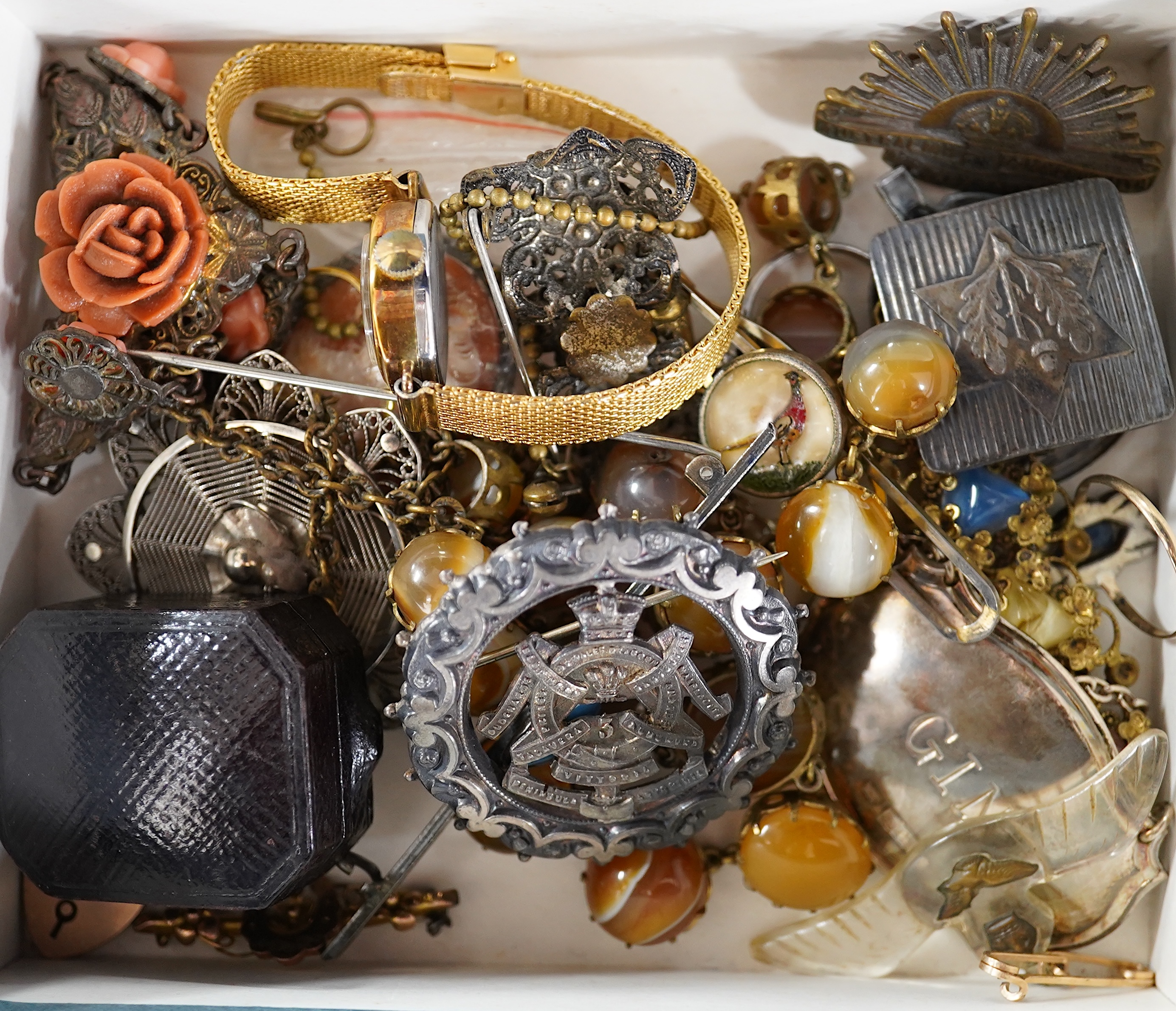 A small group of assorted Victorian and later jewellery including, costume, a 9ct horseshoe brooch, yellow metal and five stone diamond ring, a 1970's 9ct gold and cabochon set ring, garnet set mourning brooch, silver wi